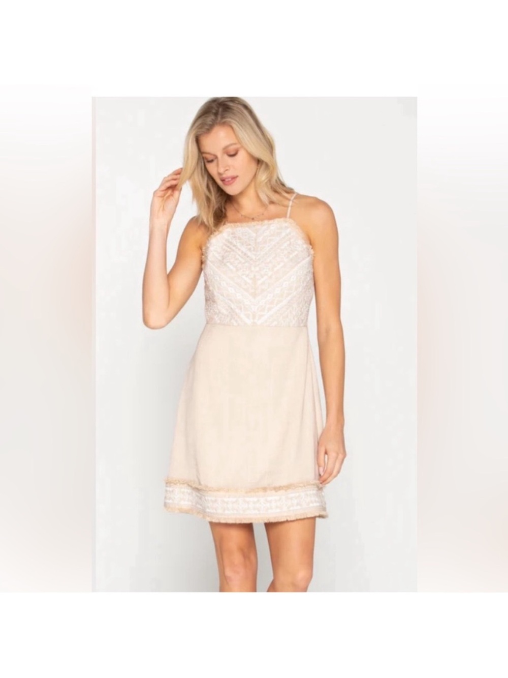 Miss Me beige dress with white embroidered bodice